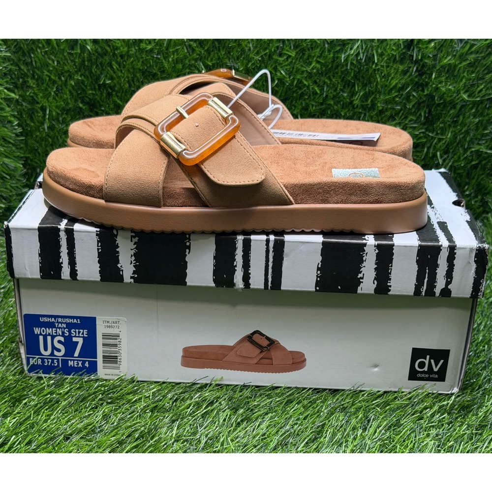 DV Dolce Vita Usha Tan Buckle Slide Sandals Womens Size 7 Cross Strap Flat